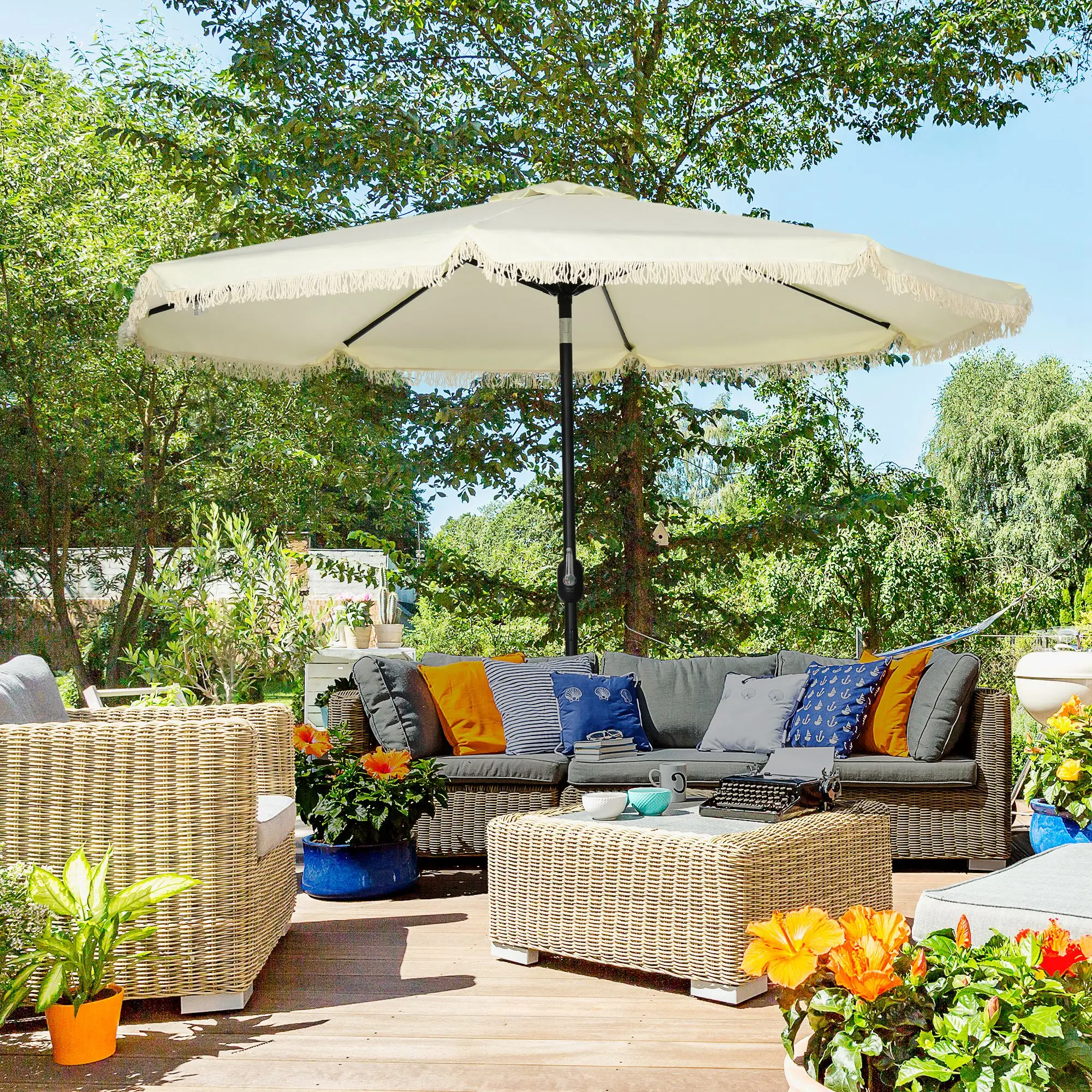 9' Patio Umbrella with Push Button Tilt and Crank Outdoor Double Top Market Umbrella, Cream White