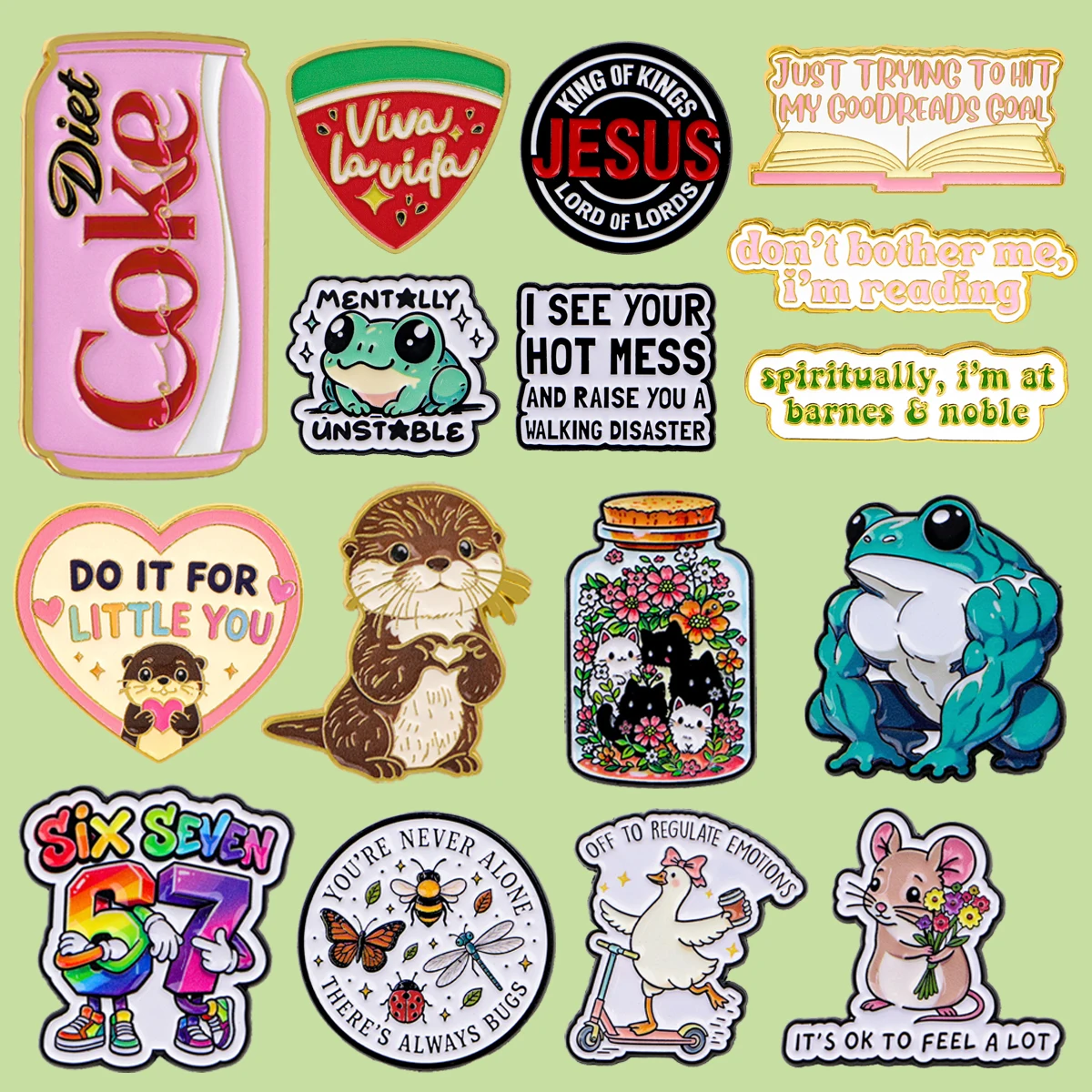 Diet Cake Funny Quotes Enamel Pin Frog Otter Cat Bottle Brooch Pines Jesus Lapel Pins Badge on Backpack Accessories Jewelry Gift