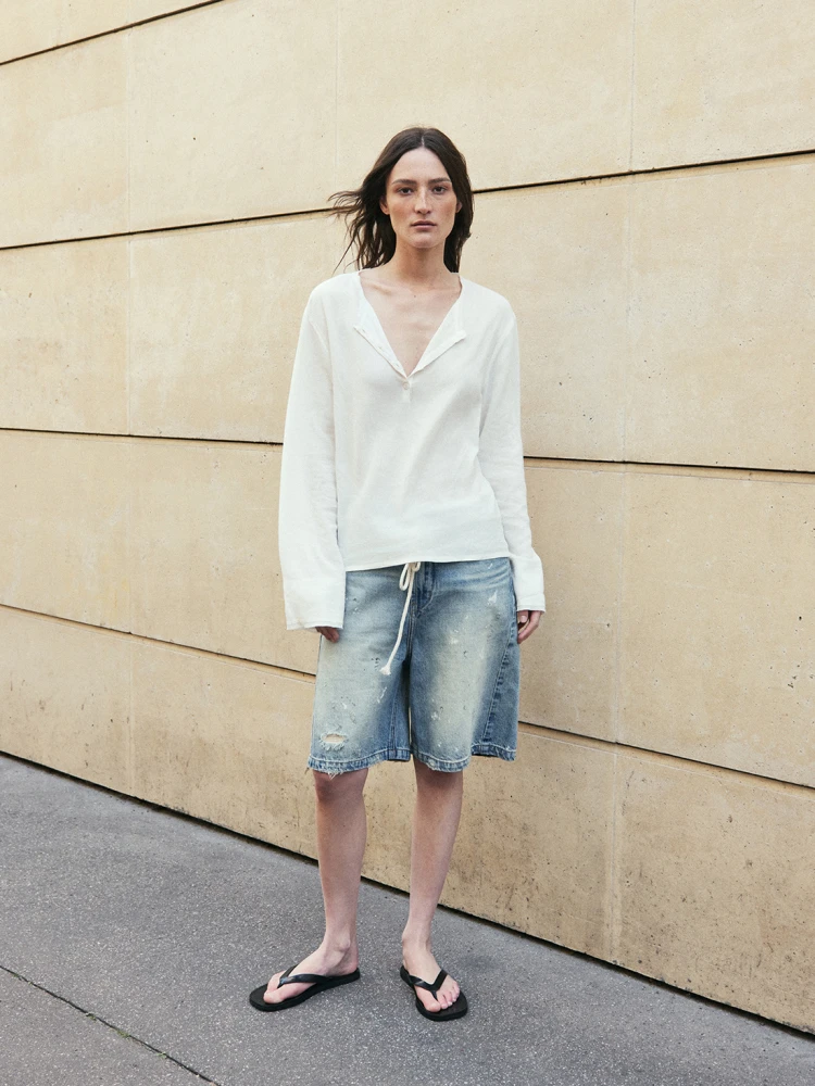 

Льняная рубашка-хенли Liegee из хлопка и льна с открытым воротником, женская, свободного кроя, оригинальный дизайн, летняя, однотонная, с длинным рукавом