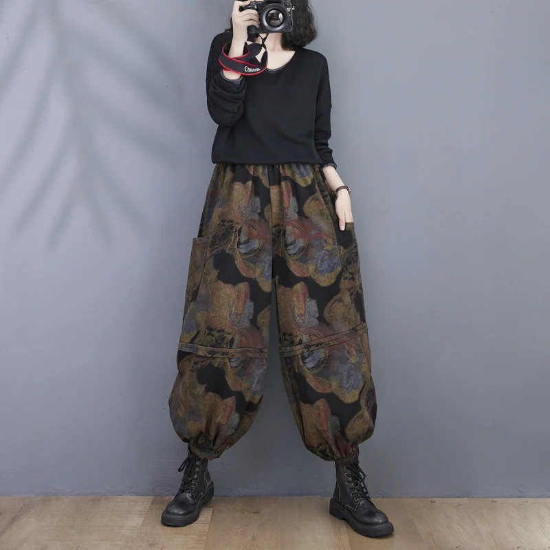 Autumn Winter New Arts Style Vintage Print Women Elastic Waist Loose Jeans Double Pocket Cotton Denim Harem Pants