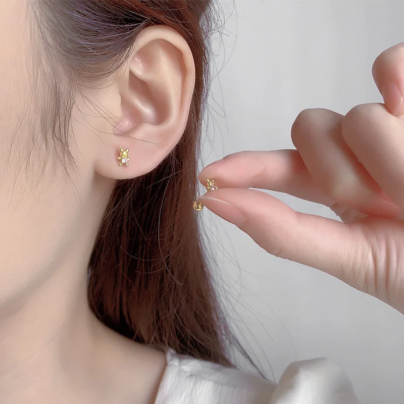 Korean Fashion Pink Zirconic Bear Screw Earrings For Women Girls Cute Animal Cartilage Helix Tragus Ear Piercing Jewelry Gift