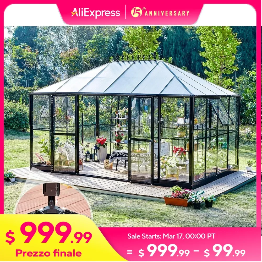 14x9.5x9 FT Hybrid Polycarbonate Greenhouse Quick Connector Fast Assembly,Swing 2 Doors Clear Panels, Large Aluminum Greenhouse