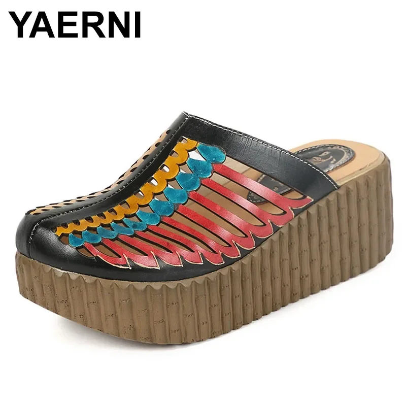 YAERNI Summer Shoes Woman Slippers Closed Toes Hollow Out Handmade Thick Heels Genuine Leather Women Platform Wedges Slides