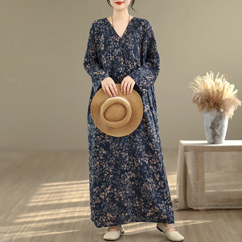 

Женское повседневное платье больших размеров свободного кроя с длинным рукавом, V-образным вырезом, из хлопка и льна, с принтом, стройнящее, весеннее, модное, комфортное