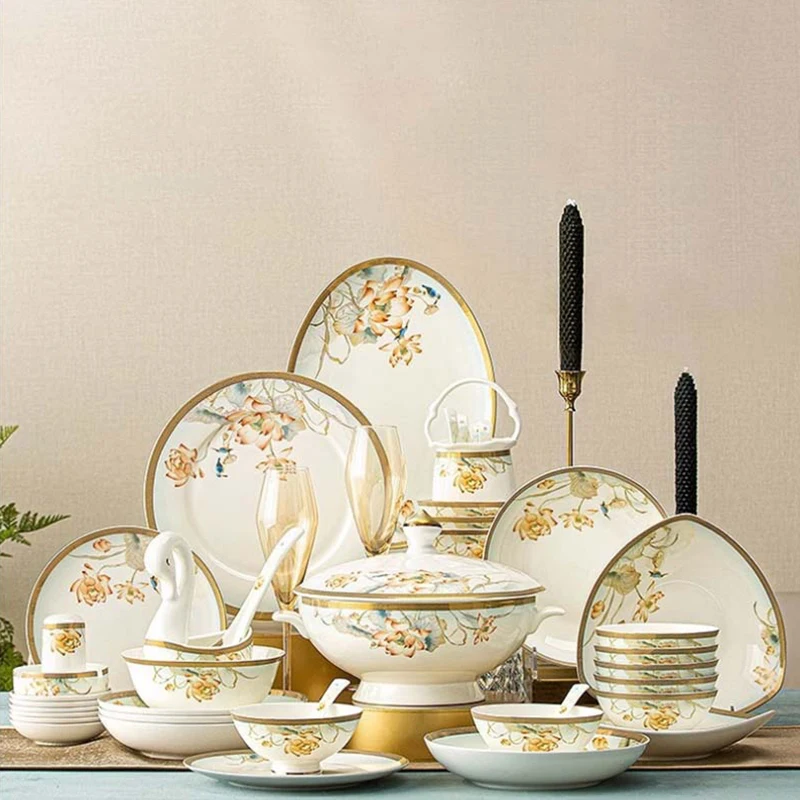 

Lotus Pattern Plate Dinnerware Set Bowl Plate Dish Double Ear Soup Pot Spoon Combination Set Household Ceramic Tableware