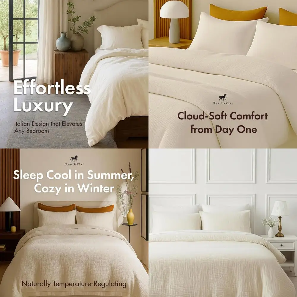 

Комплект пододеяльников из чистого белого хлопка и марли — дышащий и легкий, с 2 подушками, 4-слойный муслин, элегантный итальянский стиль, 9