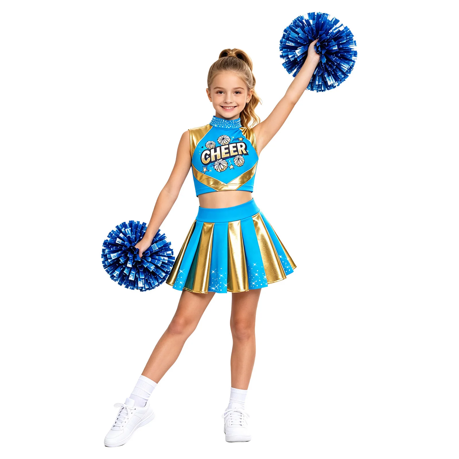 Cheerleader-Kostüm für Mädchen, Cheerleading-Uniform, 2-teiliges Set, ärmelloses Top mit Strasssteinen und „CHEER“-Aufdruck, kurzes Oberteil, plissierter Rock, Tanzoutfit. – Detail 18