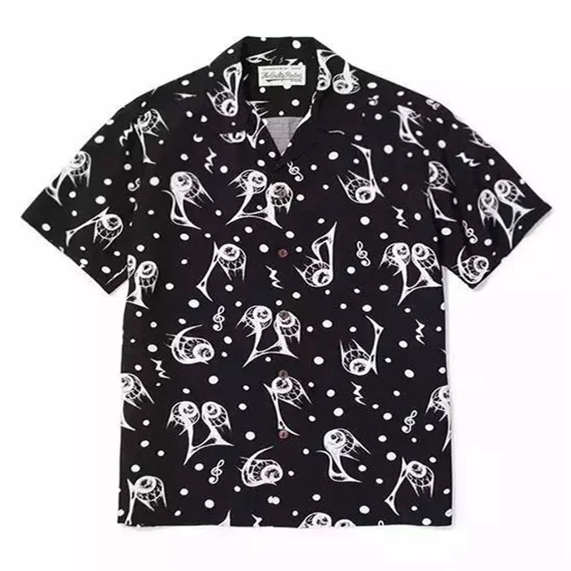 

Trendy Japanese WACKO MARIA White Black Full Print Skull Eyes Drunken Dream Hawaii Short Sleeve Shirt Summer Brand Shirt