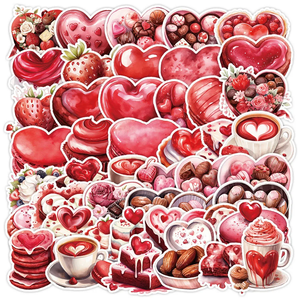 10/30/50pcs Valentine's Day Chocolate Cake Stickers Cute Heart Shape Food Drink Cartoon Decals Phone Diary Guitar Sticker Gifts