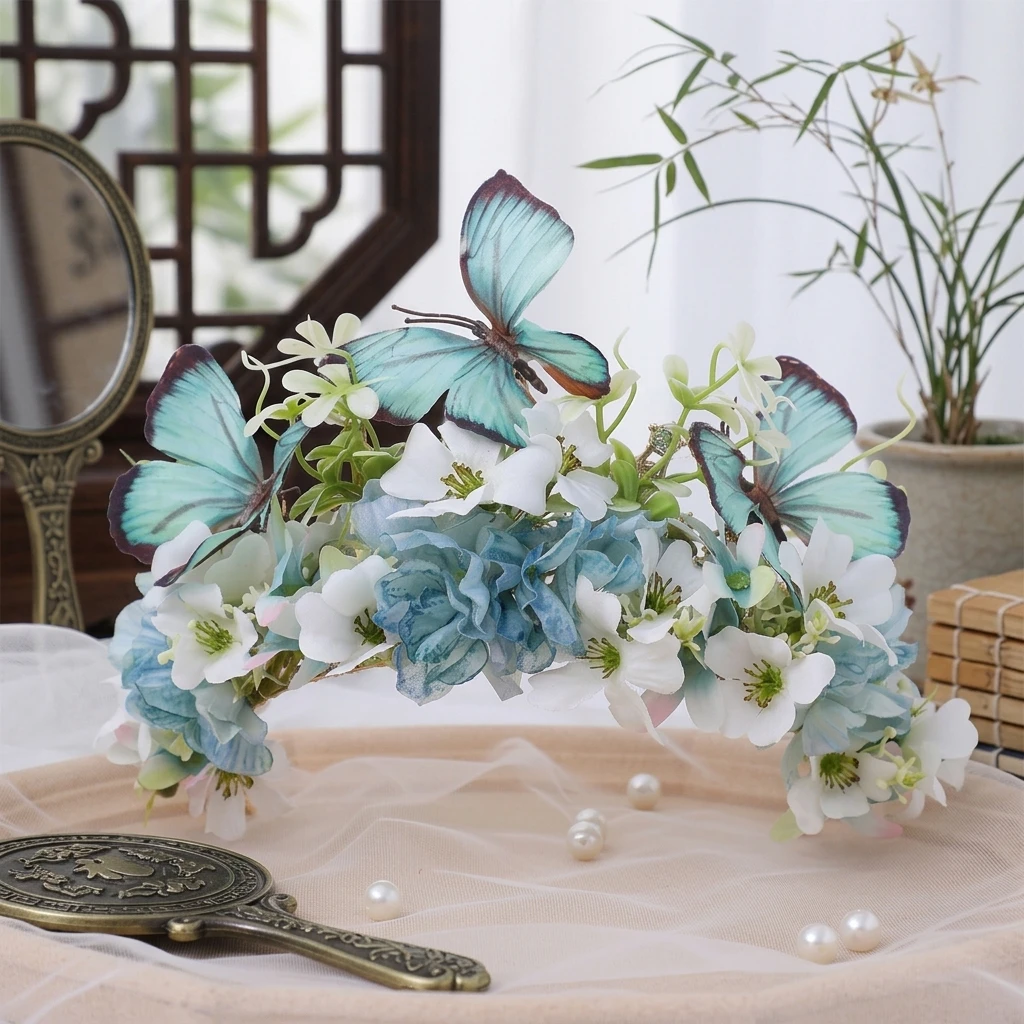 Elegant Flower Crown Butterfly Hairpiece for Hanfu Photoshoot Traditional Chinese Headwear Silk Floral Wedding Accessory view 2