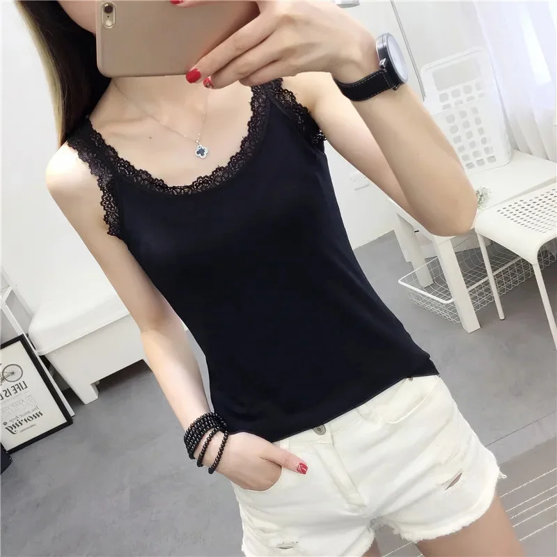 women Newest vests Top Tank Lace lace round neck camisole women\'s outer wear slim bottoming sexy sleeveless Ladies Cotton vest