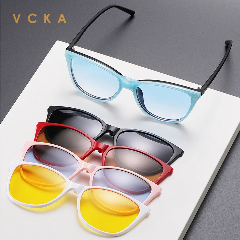 

VCKA Cat Eye Women Myopia Sunglasses 6 In 1 Polarized Magnetic Clip On Glasses Optical Prescription Eyeglass Frames -0.5~-6.0