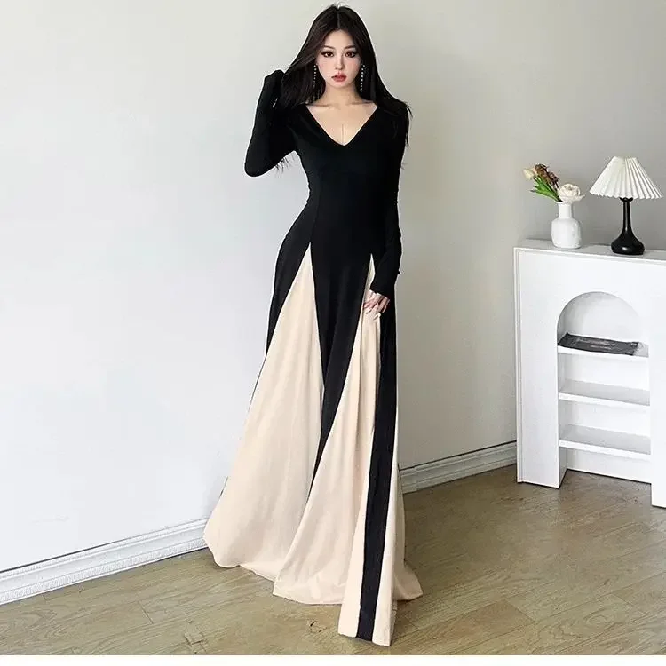 2024 autumn new women's fashion contrasting V-neck slim fit patchwork dress  summer dress women  vestidos de fiesta