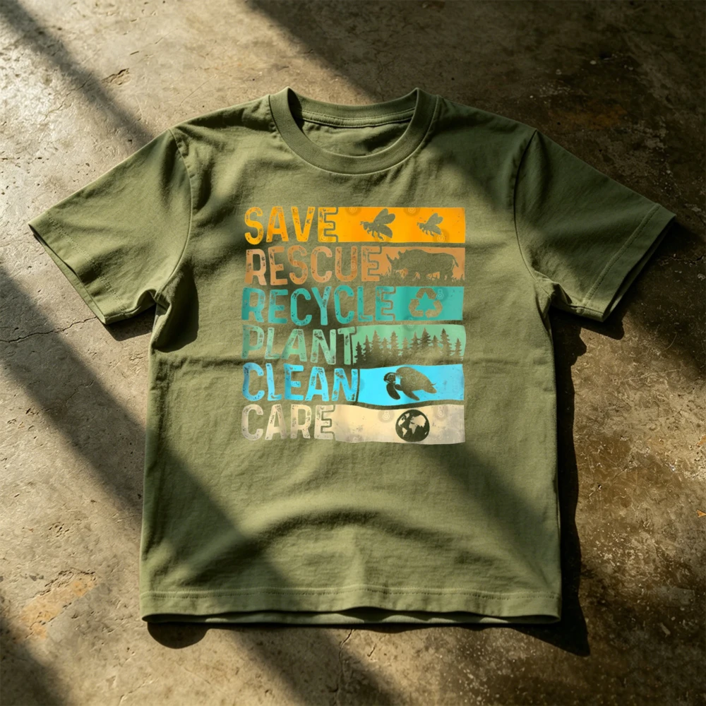 Save Rescue Recycle Plant Clean Care, Cartoon Graphic Aesthetic Streetwear Summer Casual Fashion, Men T-Shirt Cotton Short Sleev