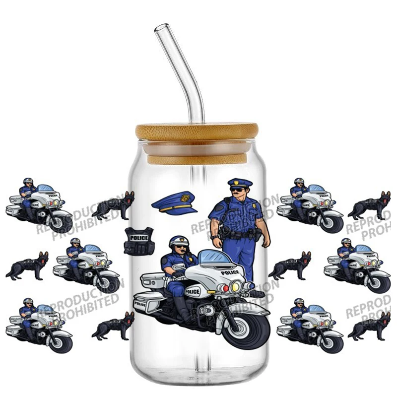 cartoon Police Pattern Design 3D Decal UV DTF Cup Wrap Transfer Stickers Custom Label DIY Waterproof Logo for Libbey Glass Can