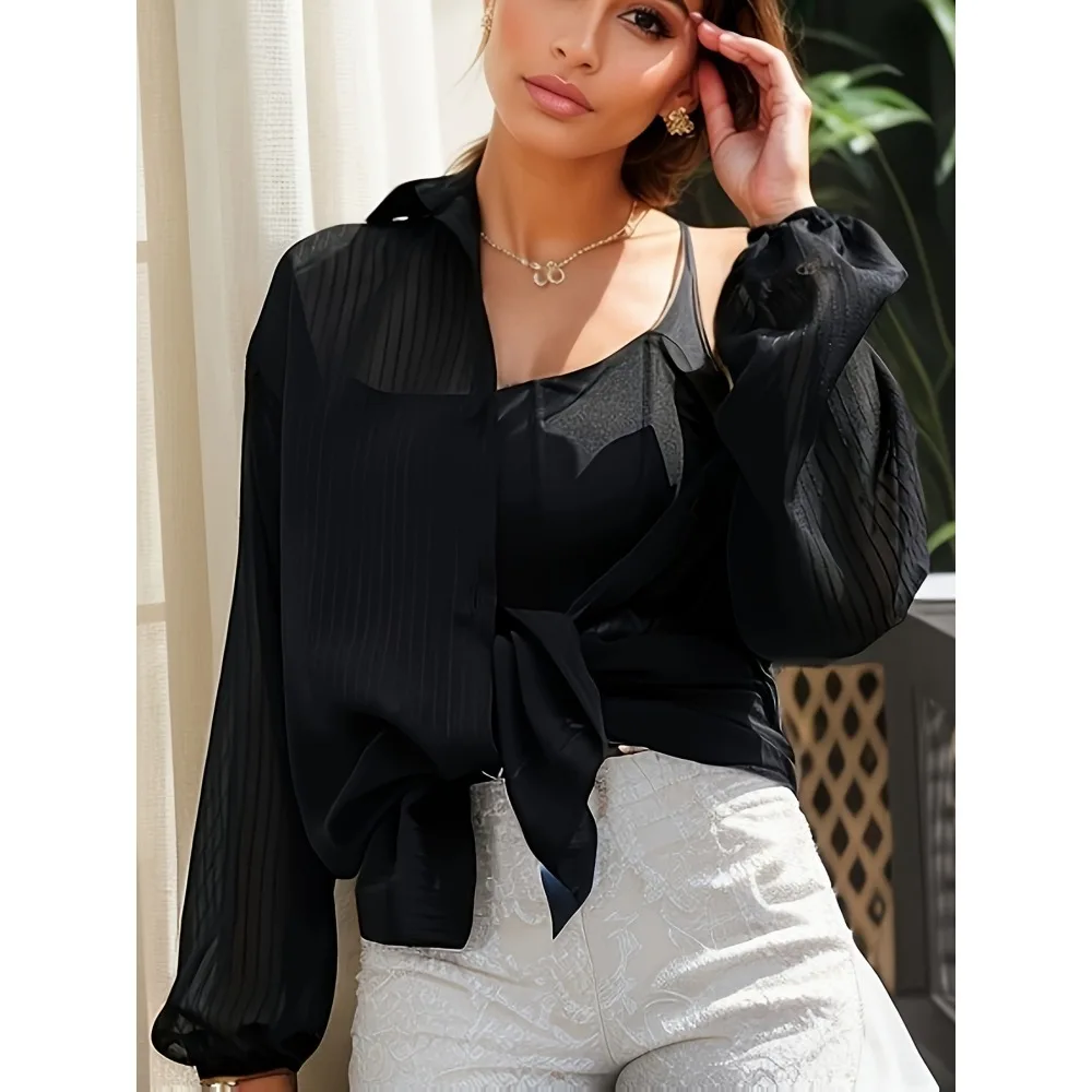 플러스 사이즈 1XL-5XL 여성의 새로운 유행하고 우아한 블랙 스트라이프 라펠 긴 소매 버튼 업 긴 소매 블라우스 셔츠