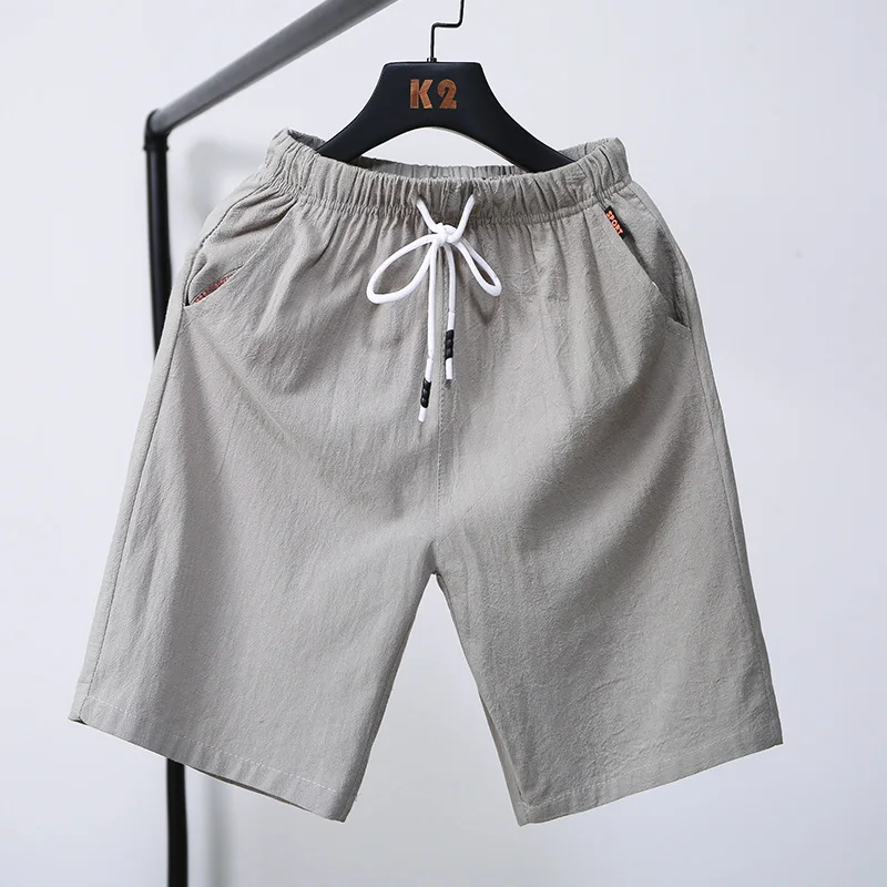 Summer Thin Pure Cotton Linen orts Men's Five-Quarter Casual Loose Sports Beach Pants Outerwear Straight Leg mid Waist