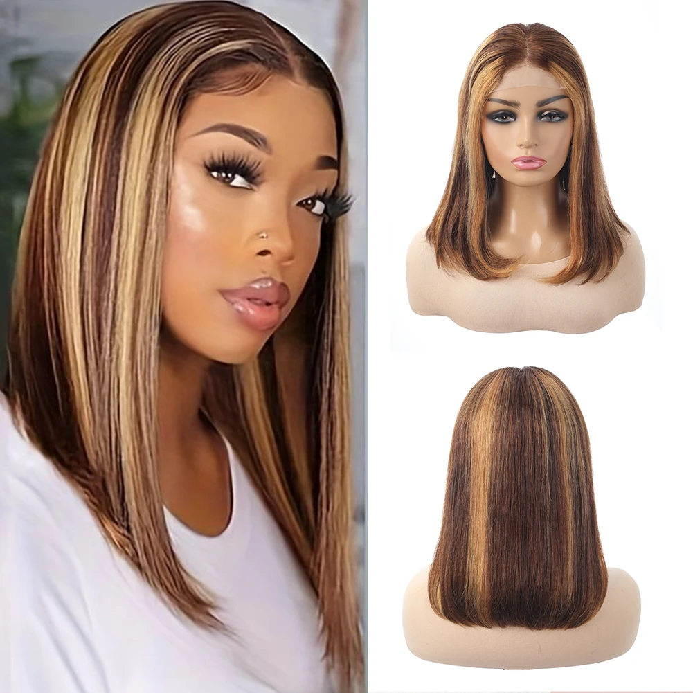 

4x4 Блондинка Боб Парики Человеческие Волосы P427 Предварительно Сорванные Кружевные Прямые Парики для Женщин 150 Плотность Натуральный Выгляд Легкий вес