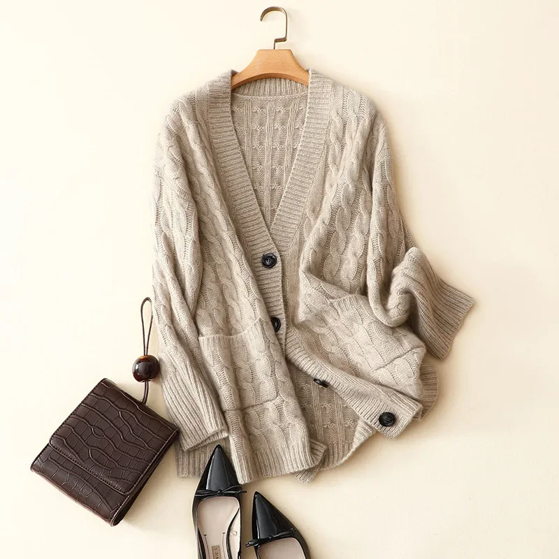 women's winter thick cable knit v neck loose style coat high quality 100% cashmere cardigan