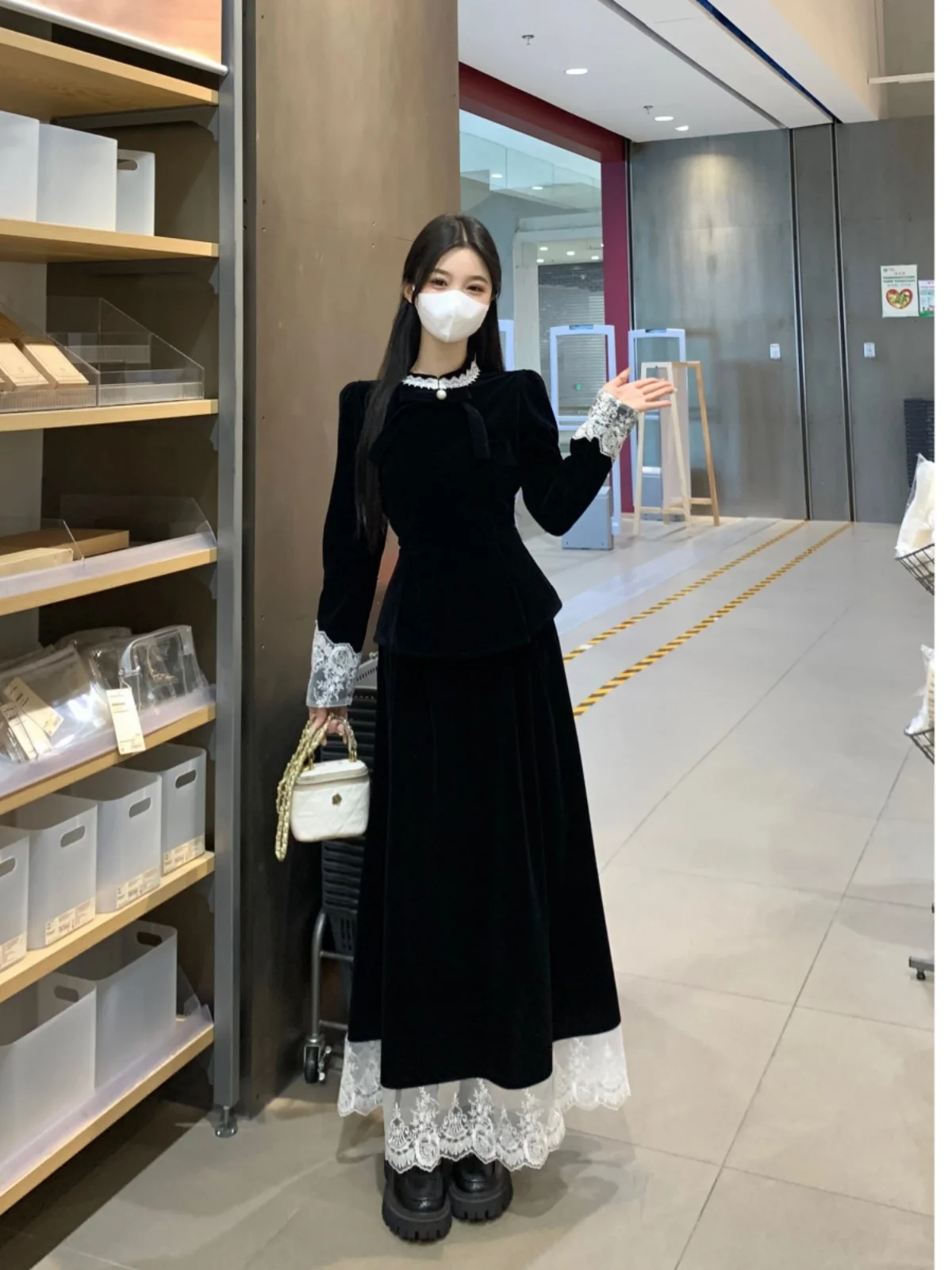 

plus Size Lace Long Sve Dr Women's Winter New Waist Cinching Meat Covering Splice Skirt Commute Sle High Waist Butter...