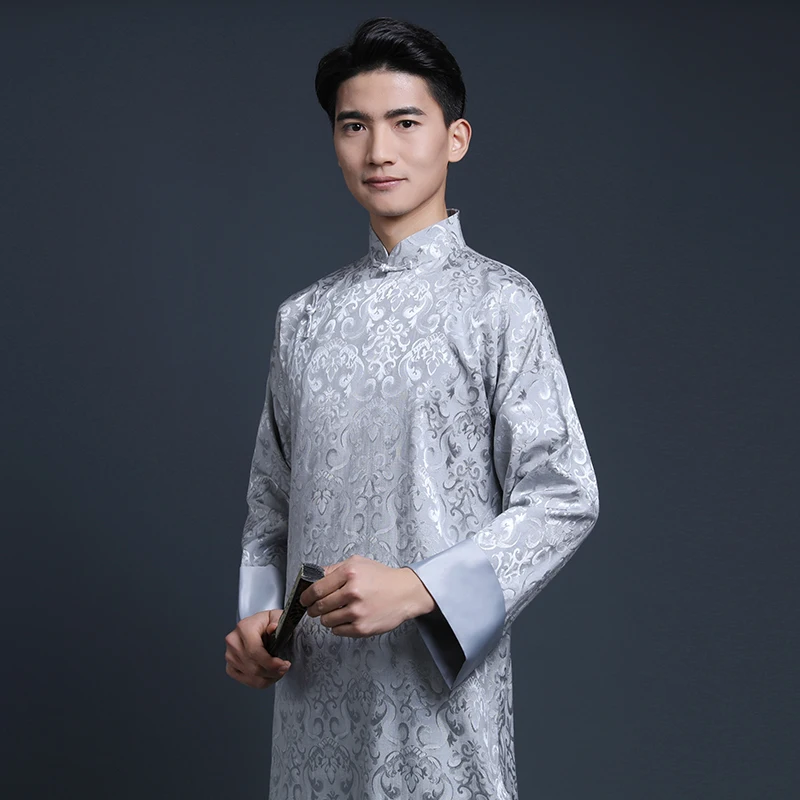 Republic of China Style Long Shirt Men's Vest Chinese Style Stage Costume Robe Film and Television Drama Shooting Props Clothing