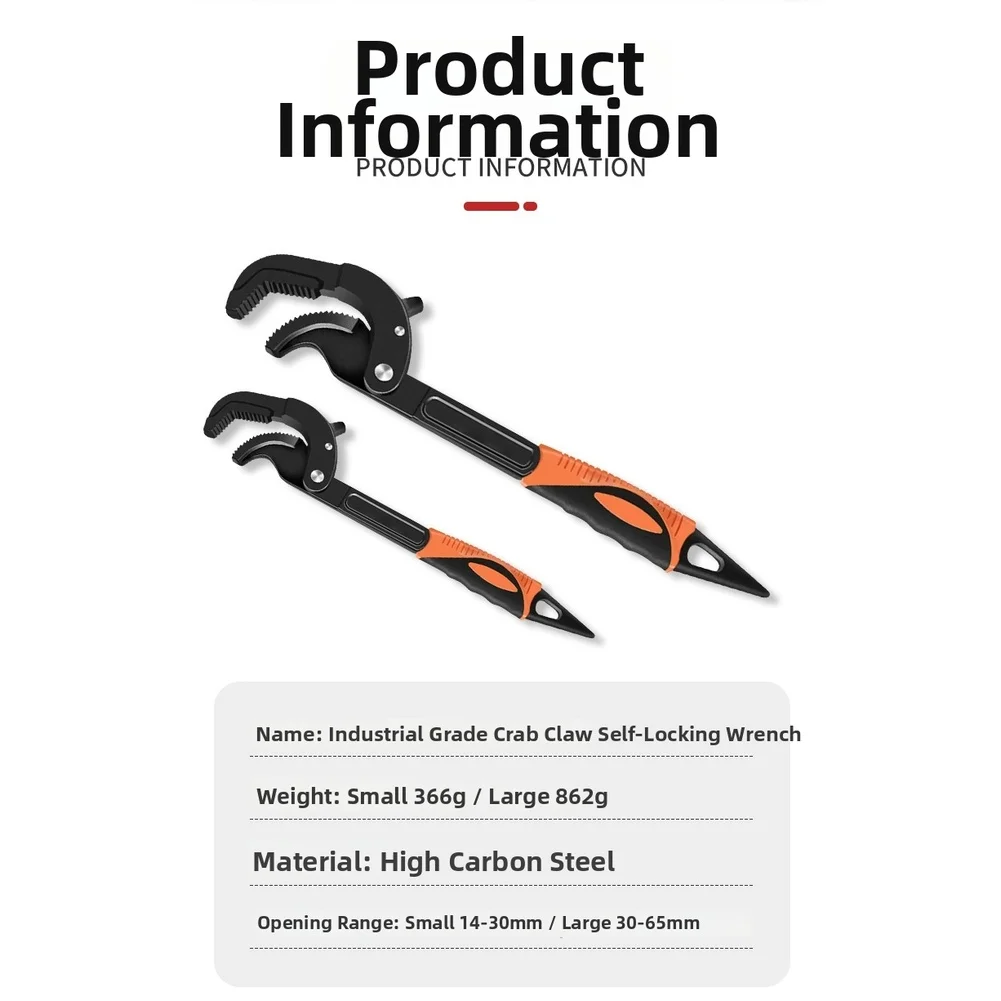 Crab Claw Self Locking Wrench with Dual Scale Markings 14 30mm and 30 65mm High Carbon Steel Material for Long Term Performance