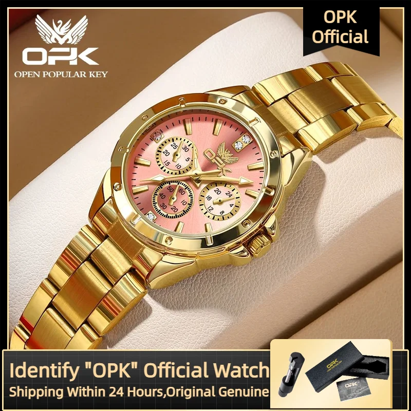OPK أنيقة السيدات ساعة فاخرة كرونوغراف التقويم الماس الذهب ساعة الفولاذ المقاوم للصدأ مقاوم للماء ساعة كوارتز للنساء هدية