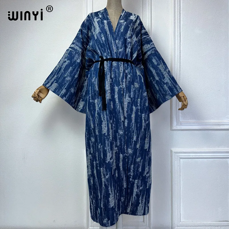 Winyi Kimono Maak Een Oud Denim Vest Vrouwen Lange Down Jas Maxi Jurk Elegant Feest Vakantie Zwemkleding