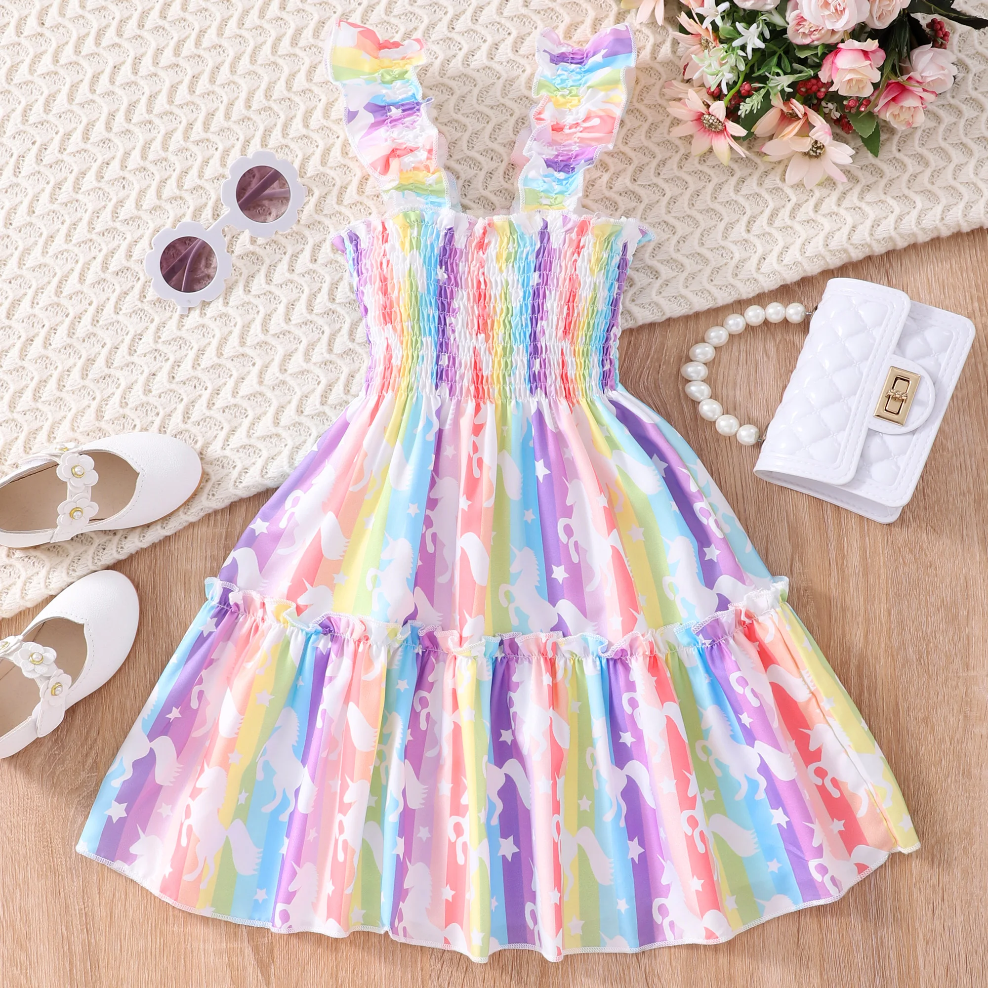 Summer Dress Kids Girls Clothes Cartoon Animal Mermaid Butterfly Rainbow Short Sleeve Cotton Ruffles Toddler Dresses 1-7 Years