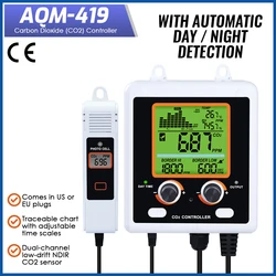 CO2 Meter Controller Detector Air Quality Dual-Output with 15ft Remote NDIR Sensor Human Plant Mode for Greenhouse Mushroom Etc