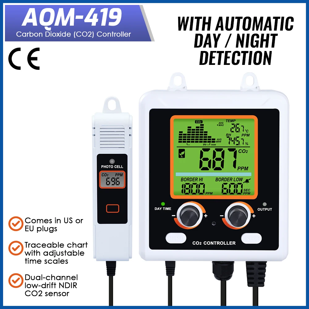 Medidor de Co2 Controlador Detector Qualidade do ar Saída Dupla com Sensor Ndir Remoto de 15 Pés Modo Planta Humana para Estufa Cogumelo Etc