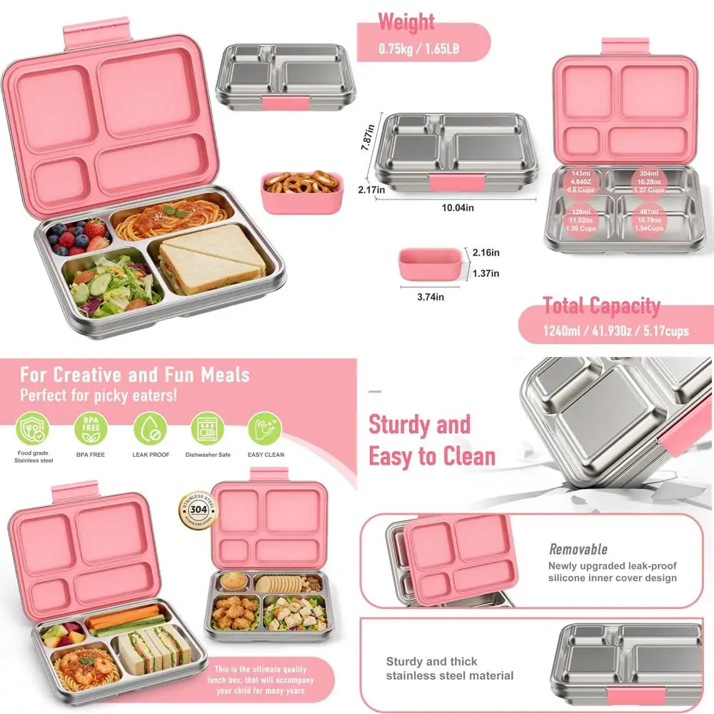 

Розовый детский ланч-бокс из нержавеющей стали с 4 отделениями и силиконовым контейнером, можно мыть в посудомоечной машине, без BPA, идеально подходит для школы и