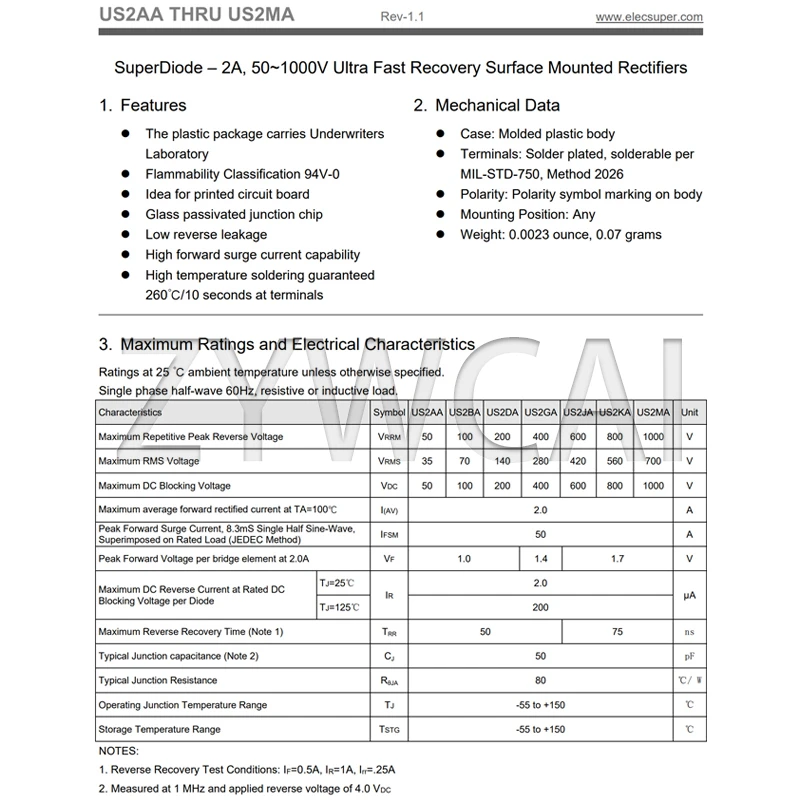 US2MA SMA 2A 1000V 50PCS DO-214AC Fast Recovery Rectification High Efficiency Diode