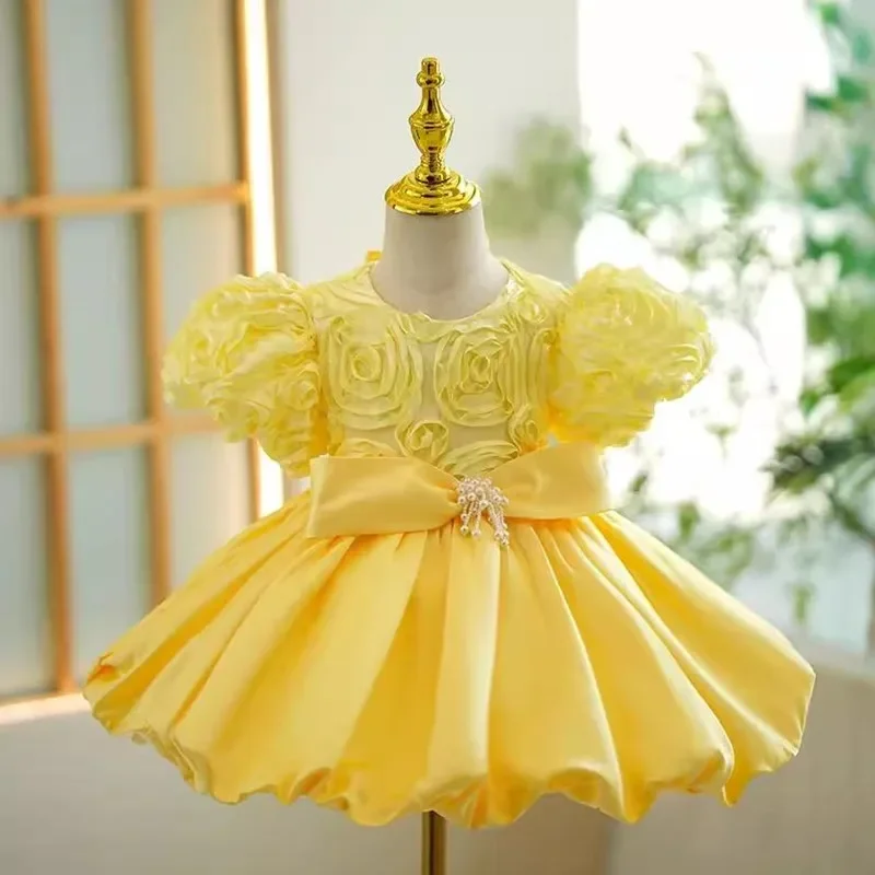 High-End Children's Boutique Evening Gown Bow Puff Sleeve Design Kids Wedding Birthday Baptism Eid Party Girls Dresses A3587