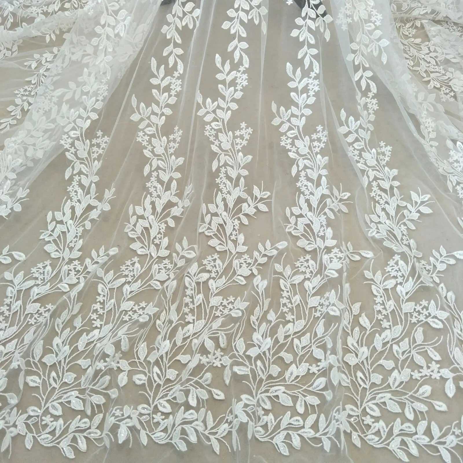 fashion leafs lace fabric with sequins 130cm width dress lace fabric sell by yard