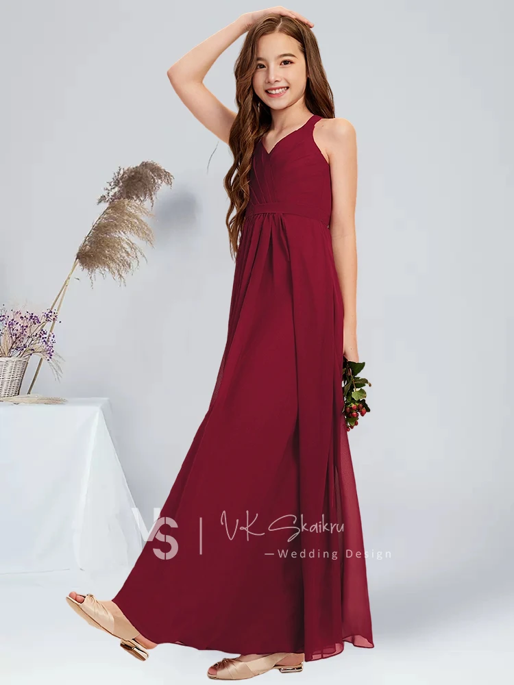 A linha com decote em v até o chão chiffon júnior vestido de dama de honra borgonha vestido de festa de formatura para convidados vestido de menina de flor casamento