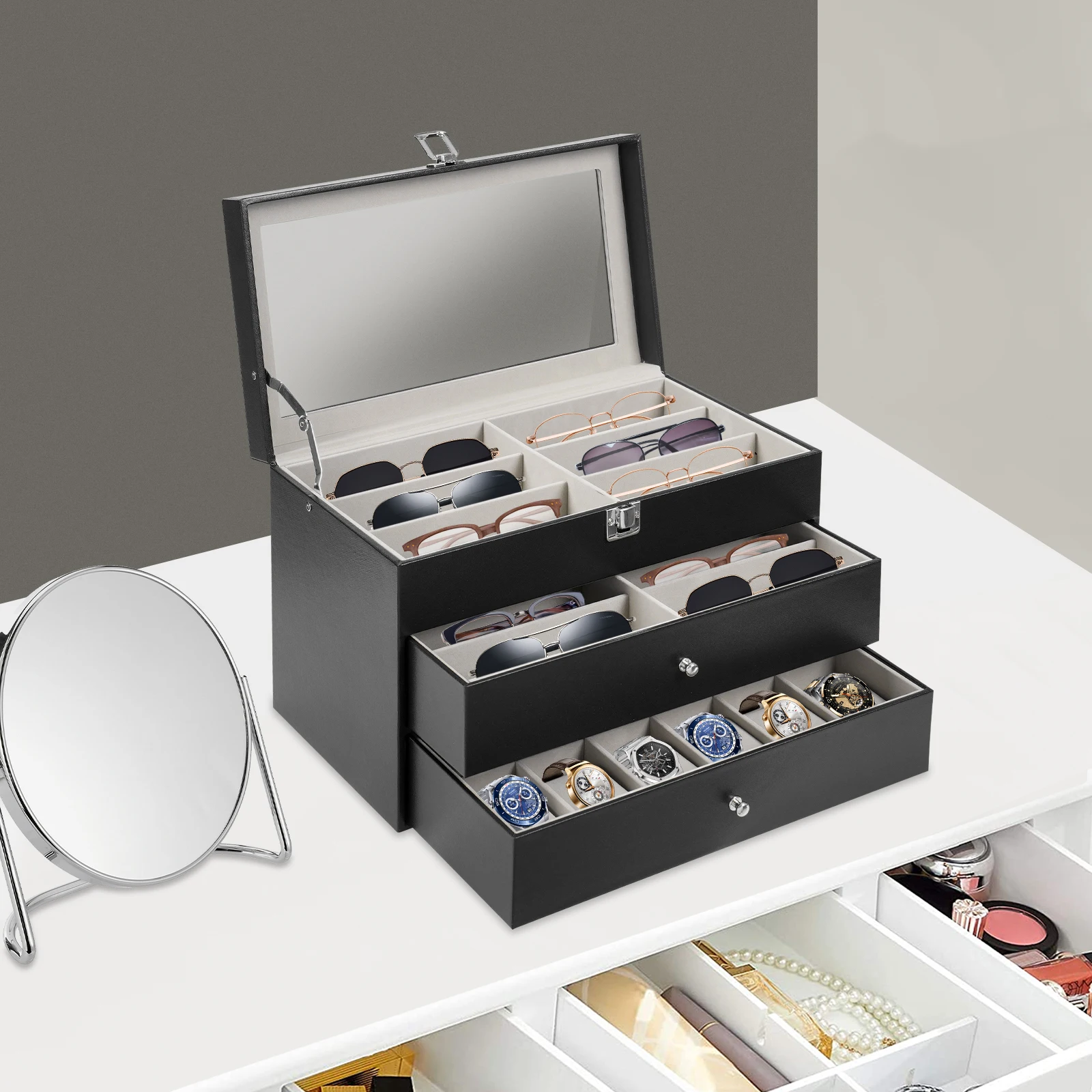 

3 Levels Jewelry/ Watch/ Glasses Box, Adjustable Storage Box W/ Metal Closure& Glass Cover, for Sunglasses& Watches& Jewelry