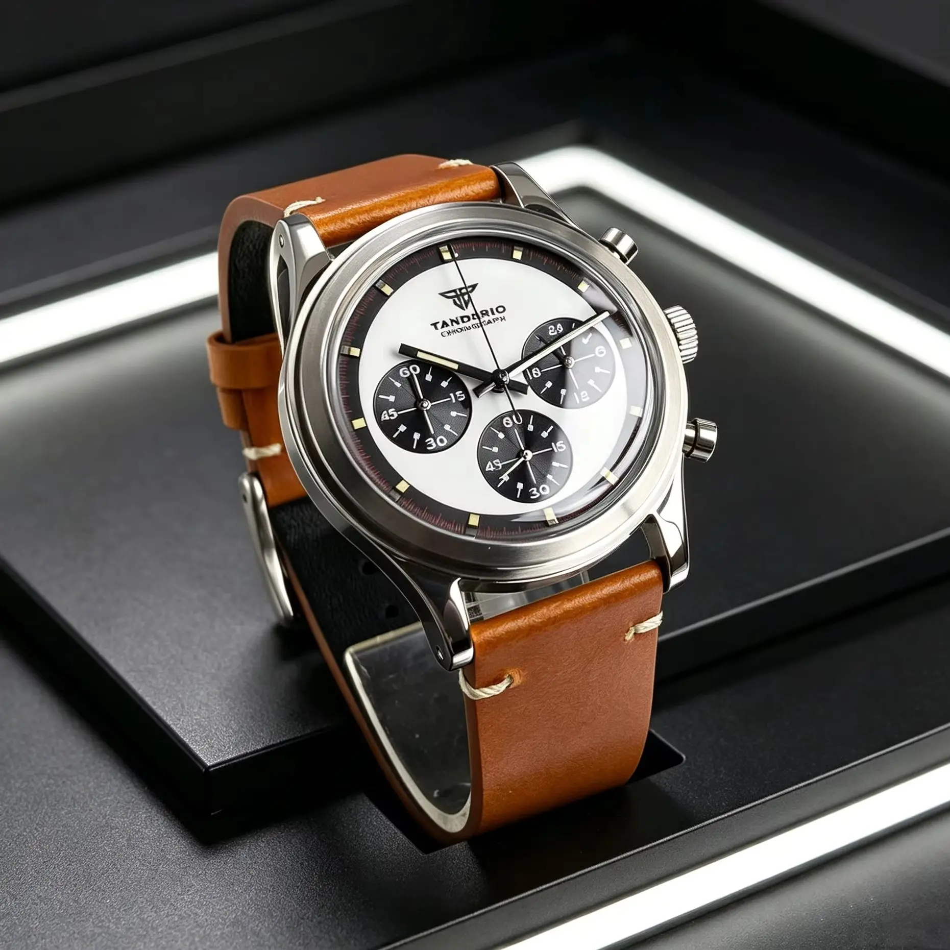 

Tandorio VK63 Sport Watches Quartz Movement 38mm Retro Men's Watch Chronograph Clock Black Dial Bubble Arched Glass