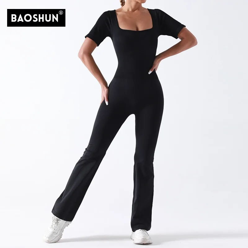 ชุดโยคะแบบชิ้นเดียวไม่มีแผ่นรองหน้าอก กางเกงขายาวทรงขากว้างคอเหลี่ยมแขนสั้น ชุดโยคะแบบชิ้นเดียว ทรงเพรียวบาง