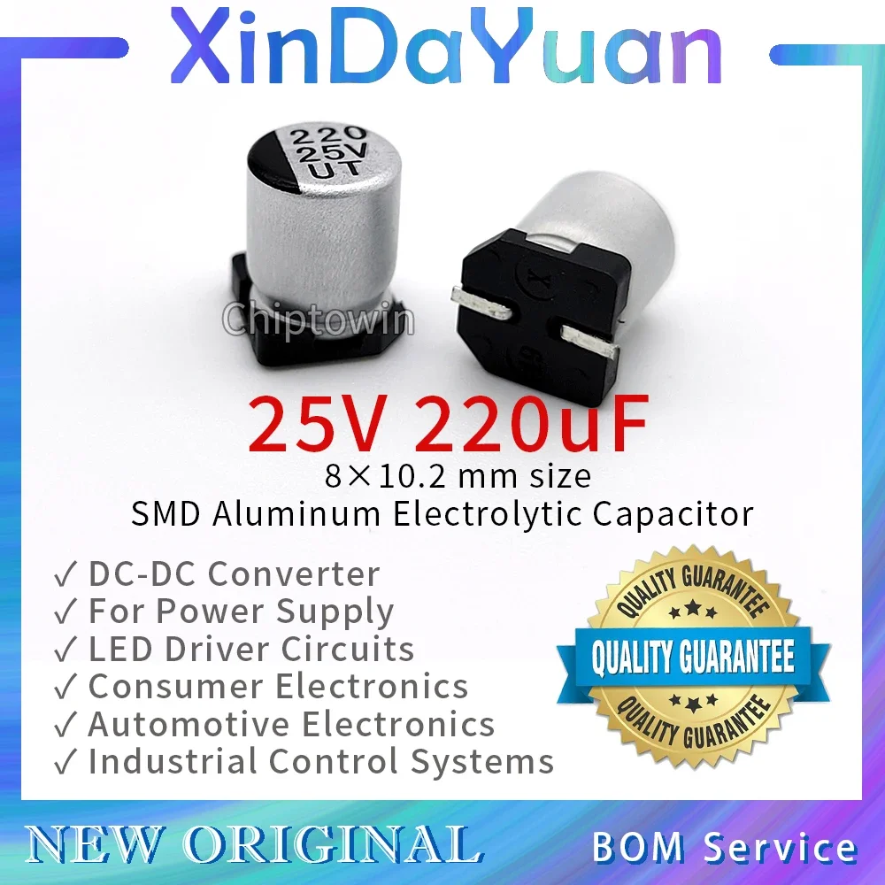 

50pcs 25V 220uF 8×10.2mm SMD Aluminum Electrolytic Capacitor Low ESR