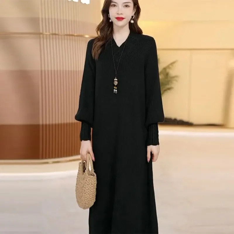 Mom\'s Autumn And Winter Thick Knitted Wool Dress Wool Sweater Slim High-End Knee Length Long Sleeved Dress Loose Plus Size XXXL