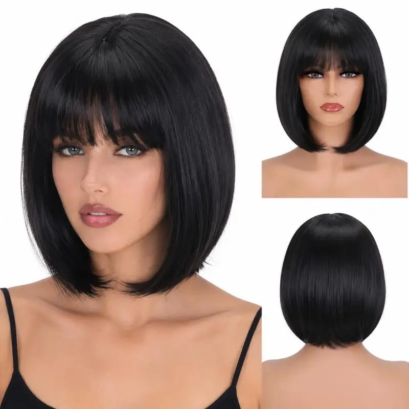 Short Bob Wig With Bangs Straight Synthetic Hair Wigs For Women Natural Look Daily Party Cosplay Heat Resistant Full 3 Color Wig image 2