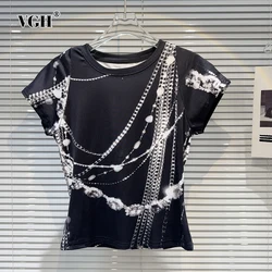 VGH-camisetas informales con estampado de diamantes para mujer, camiseta minimalista de manga corta con cuello redondo, estilo de moda, novedad