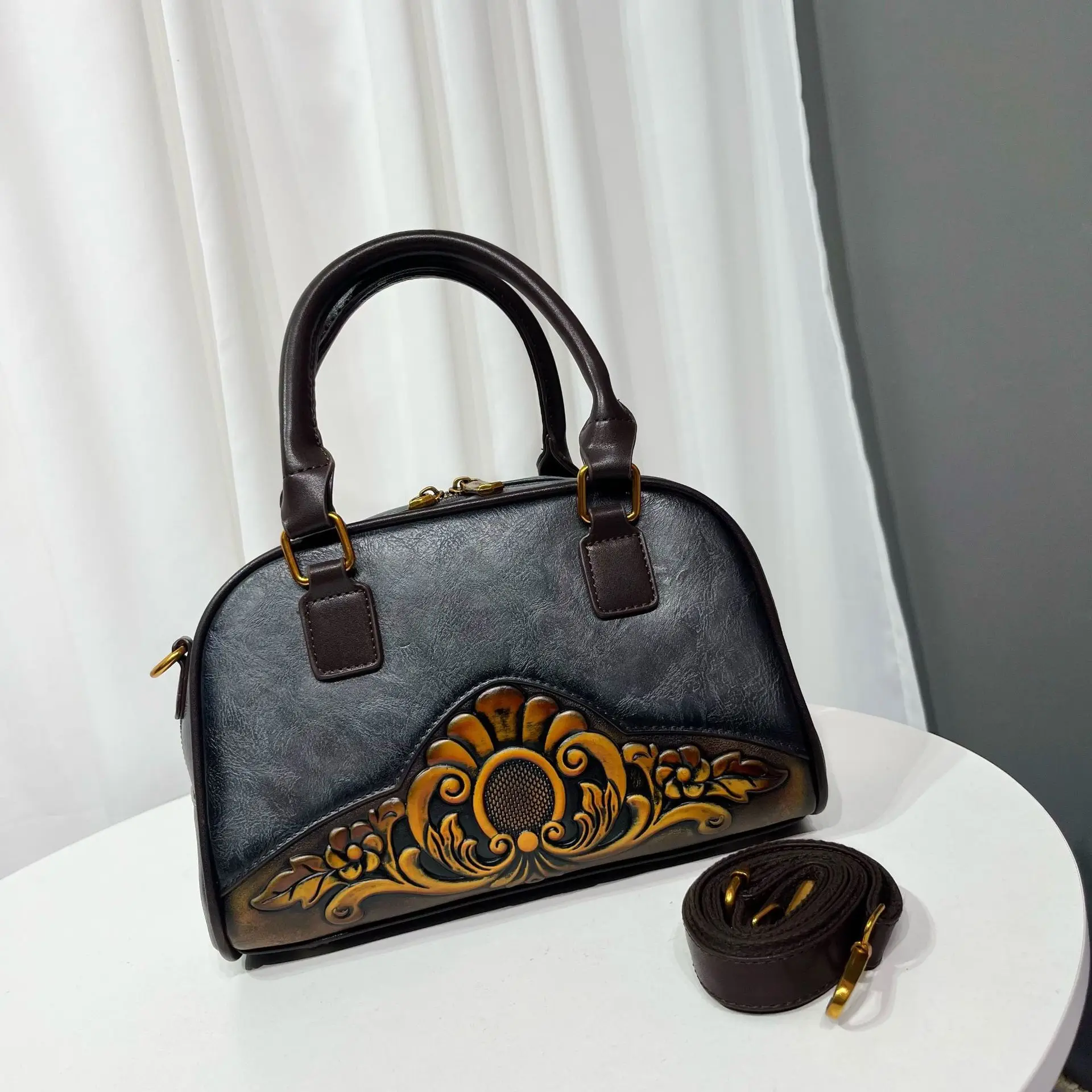 

Handmade Leather Embossed Floral Shoulder Bag CrossBody Tote with Vintage Scroll Pattern for Casual Commute Handbags