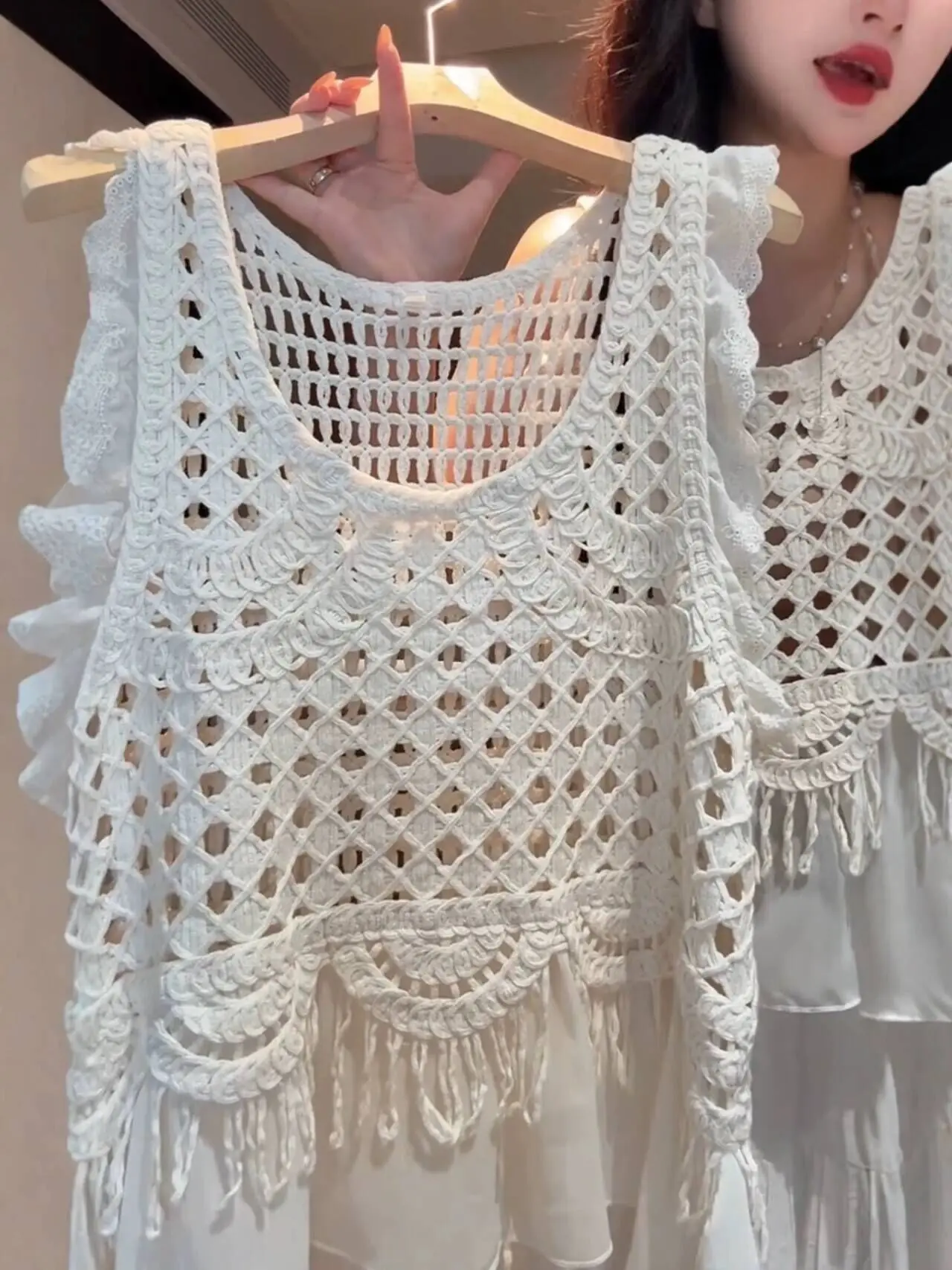 

Summer Vacation Style Hollow out Loose Tank Top Women's Knitted Layering Shirt Cotton Regular Fit Sun Protection Tops J163