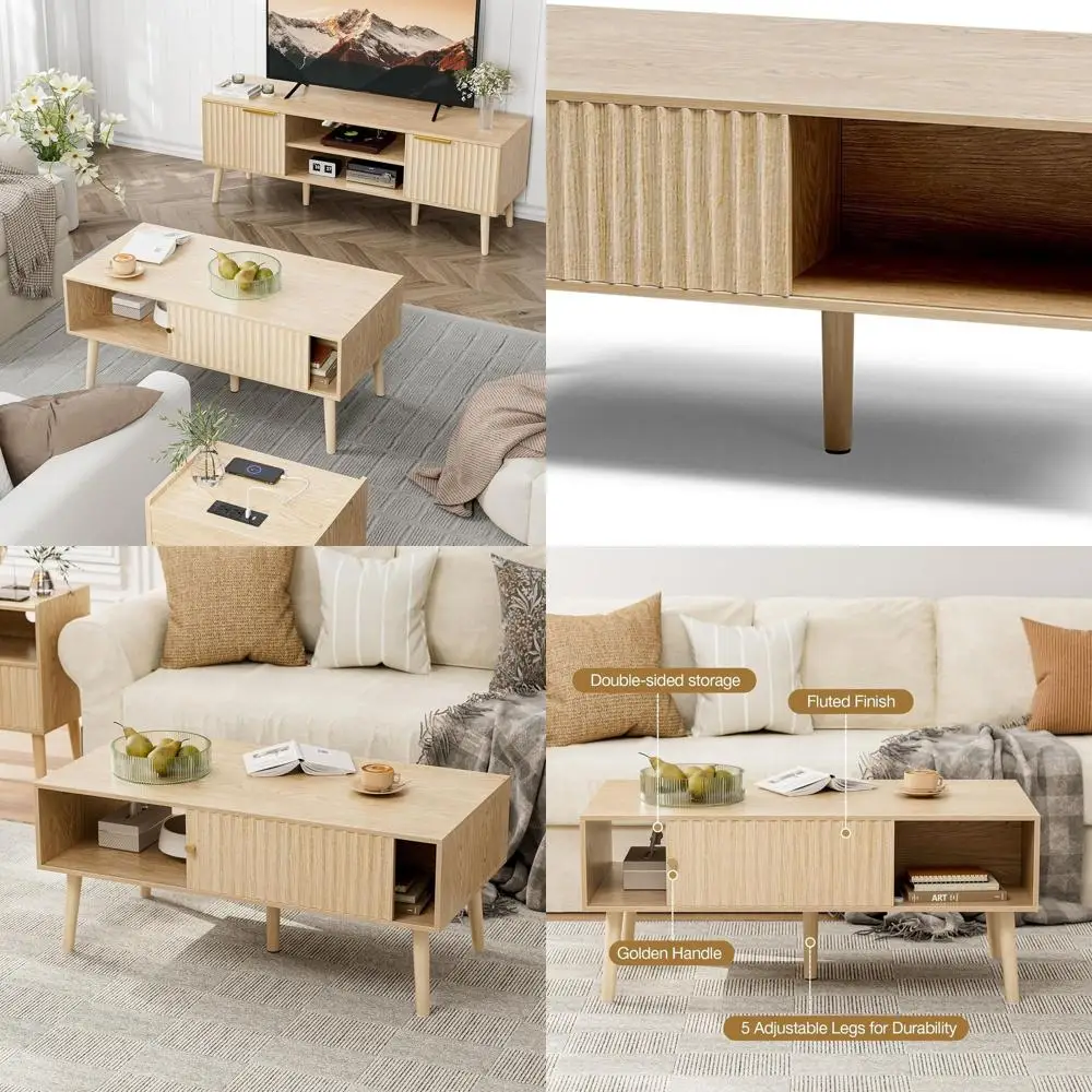 

Storage Coffee Table, Bohemian Fluted Door Dining Table with Solid Wood Legs, Compact Oak Coffee Tables for Living Spaces