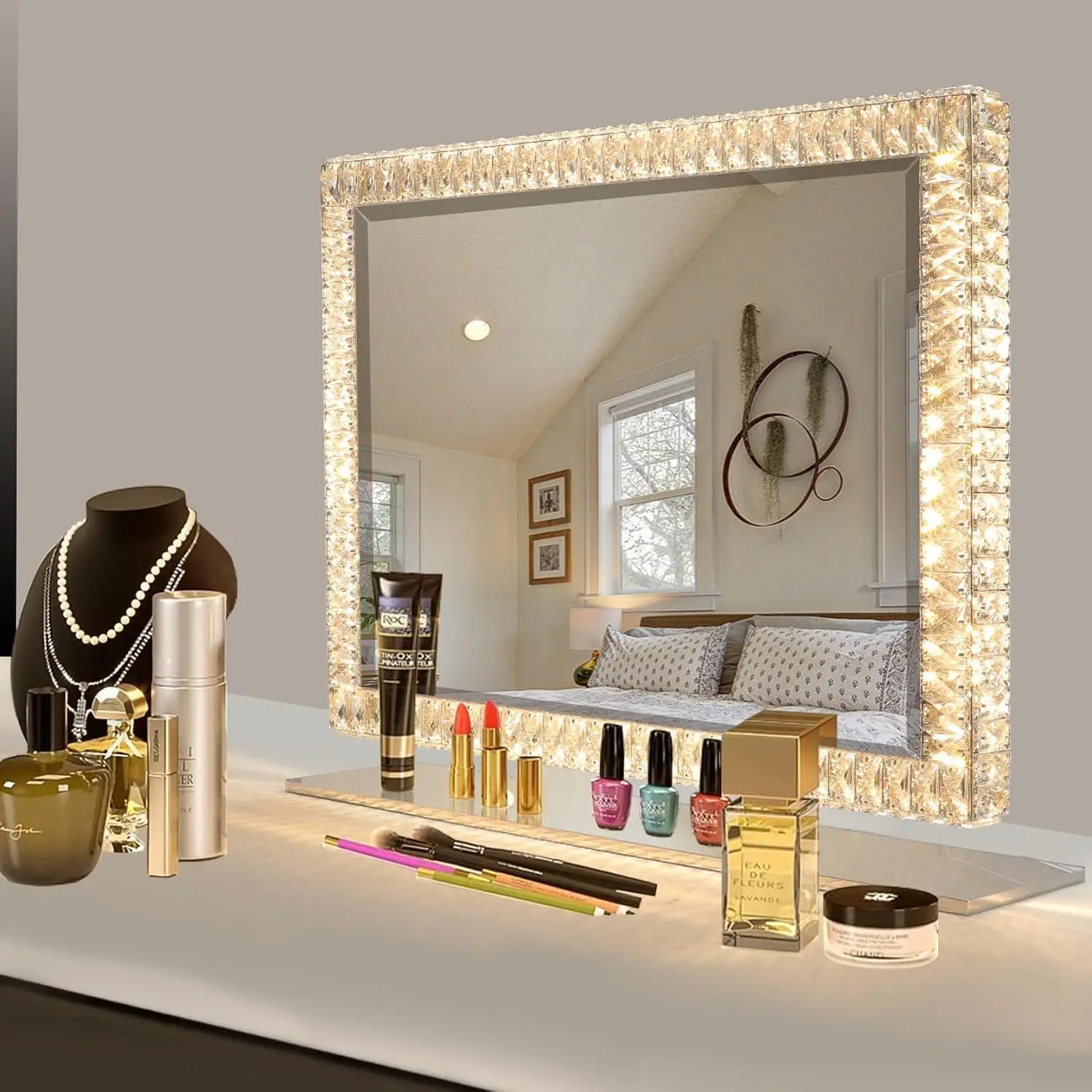 HYS  makeup with light high-end vanity mirror crystal desktop stainless steel vanity mirror