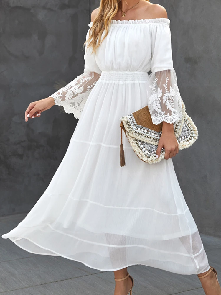 White Splice Lace Dress Women Sexy Hollow Out Long Dress Slash Neck Off Shoulder Dress Summer Boho Flare Sleeve Beach Sundress