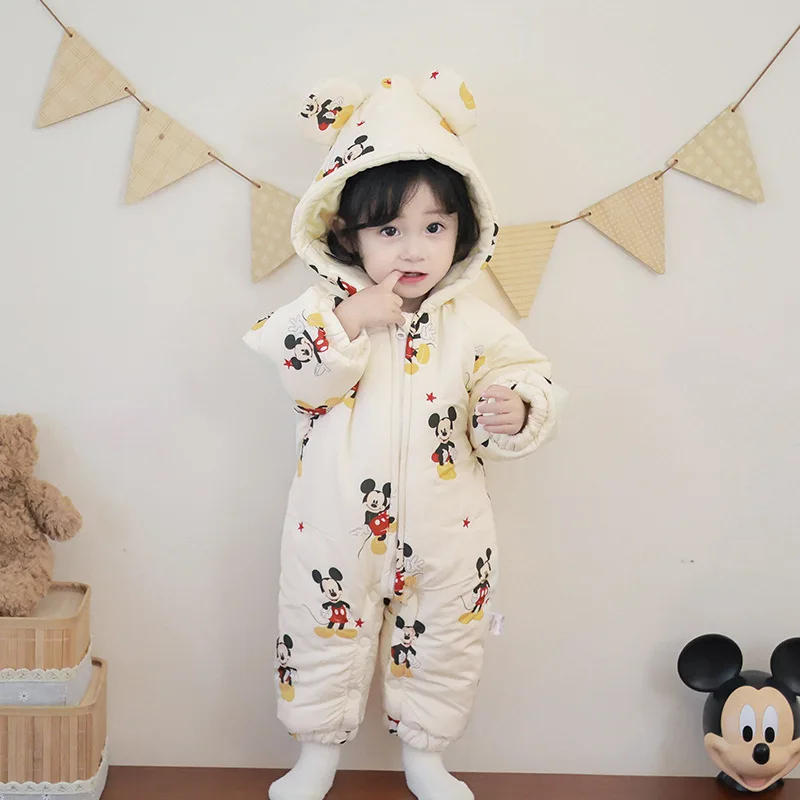 

Mickey Bodysuit for Newborns Girls Boys Thickened Waterproof Snowsuit 0-24M Baby Hooded Jumpsuit Warm Winter Onesie Outfit