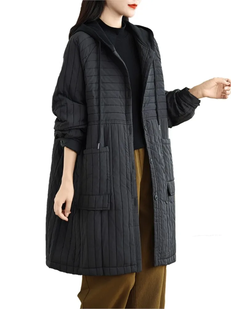 Oversized Autumn Winter Hooded Padded Cotton Coat Women Loose Pleated Fashion Ladies Jackets Long Sleeve Casual Woman Midi Coats